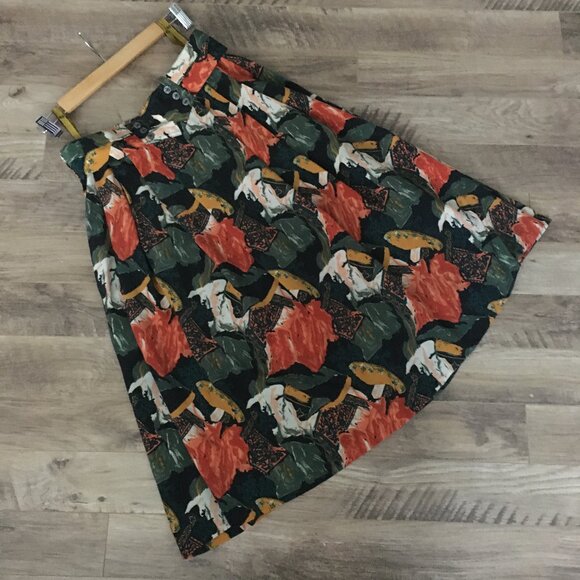 Vintage 80s Union Made Orange and Green Abstract Button Waist Pleated Midi Skirt - Picture 8 of 14